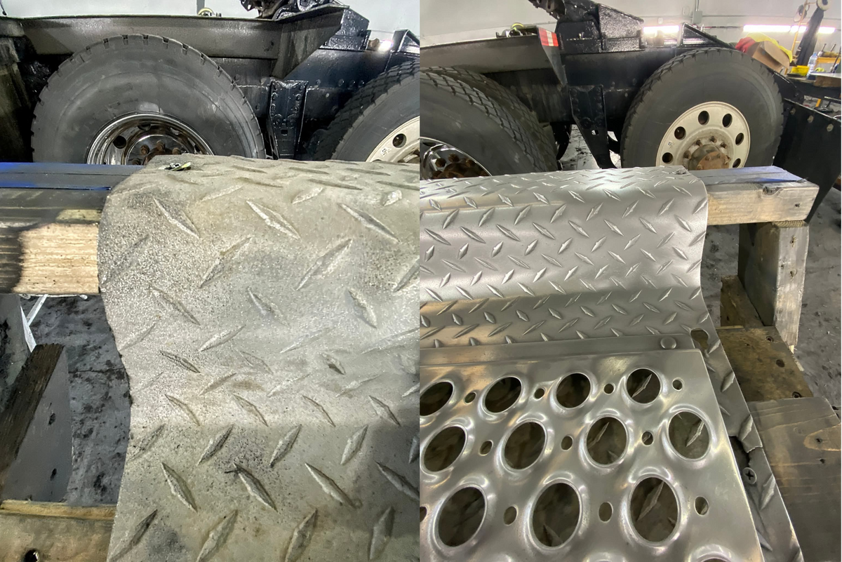 Sand-blasted diamond plate ground down with a V-Fold Coated Abrasive Buff + Sanding Grease, Softened with a Non-Woven Airway.
